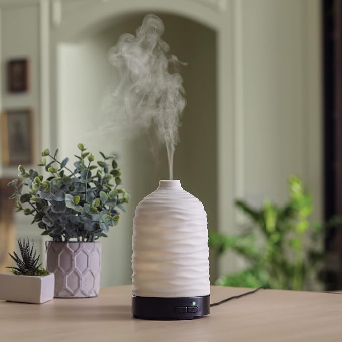 Airome Harmony Medium Porcelain Essential Oil Diffuser|100 mL Humidifying Ultrasonic Aromatherapy Diffuser 8 Colorful LED Lights, Intermittent & Continual Mist, Auto Shut-Off, White