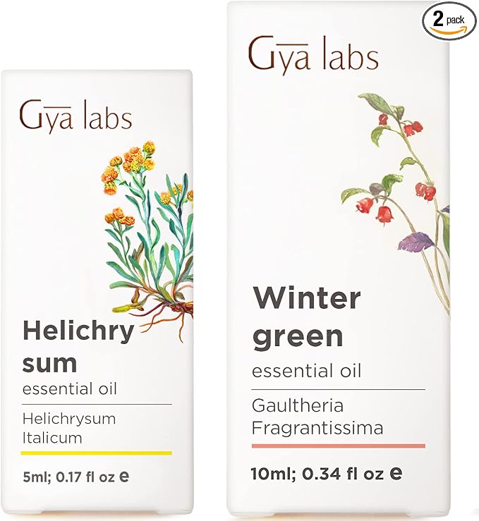 Helichrysum Oil for Skin (0.17 fl oz) & Wintergreen Essential Oil Diffuser (0.34 fl oz) Set - Aromatherapy Grade Essential Oils Set - Gya Labs