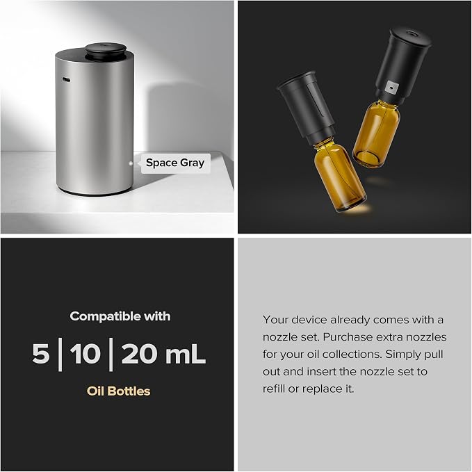 Airversa Waterless Essential Oil Diffuser for Home, Rechargeable and Portable Scent Diffuser with 3 Countdown Timers & Mist Levels for Car Room Studio Office, Scenta Lux Premium Metal Silver