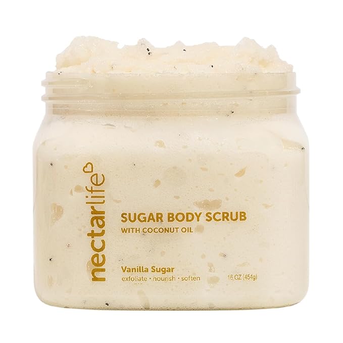 Nectar Life Exfoliating Sugar Scrub, Moisturizing Body Scrub with Coconut Oil & Shea Butter, Pre Shave Exfoliator (16 Ounce, Vanilla)