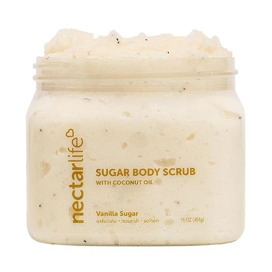 Nectar Life Exfoliating Sugar Scrub, Moisturizing Body Scrub with Coconut Oil & Shea Butter, Pre Shave Exfoliator (16 Ounce, Vanilla)