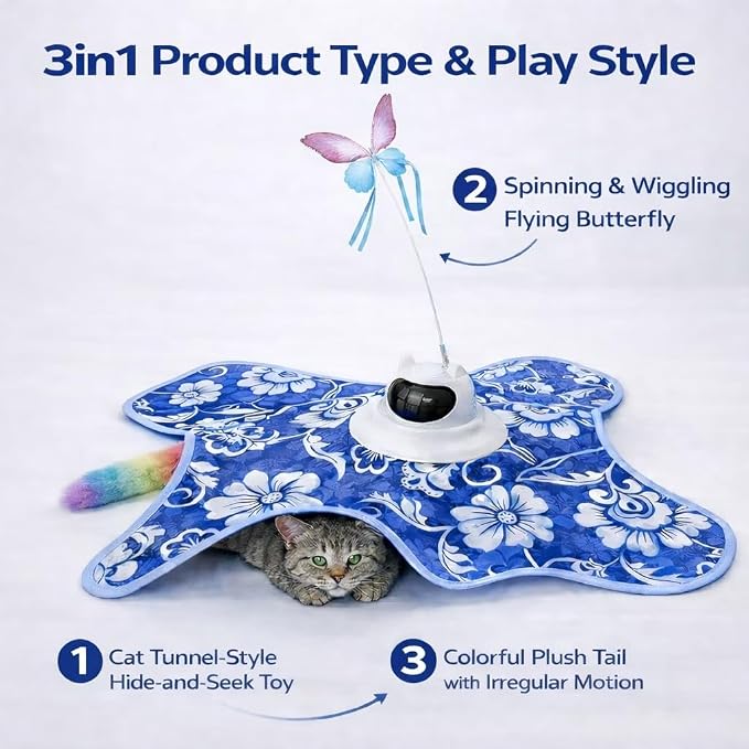 Interactive Cat Toy for Indoor Cats, Rechargeable 3-in-1 Hide and Seek Cat Toy with Spinning Butterfly & Plush Tail, Ultra-Quiet Touch Activated Self Play Cat Exercise Toy for Adult Kittens (Teal)