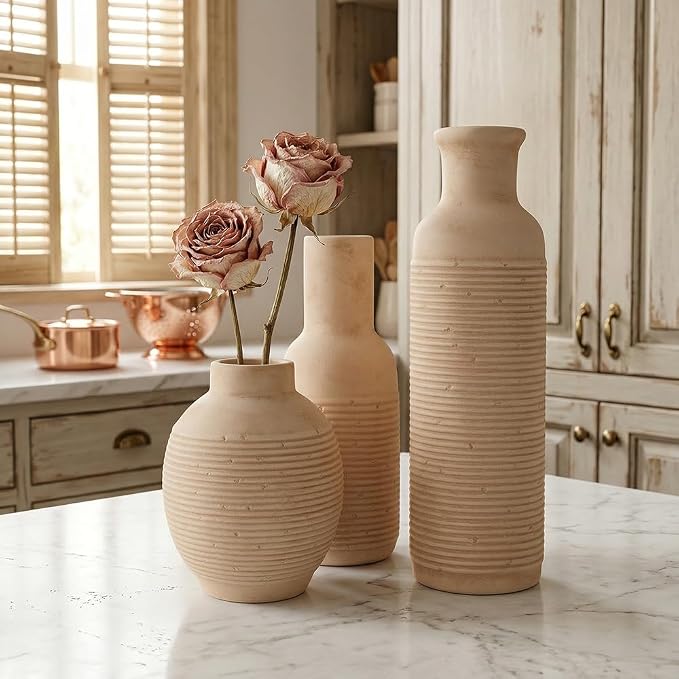 Rustic Farmhouse Vase Set of 3 - Ceramic Decorative Vintage Vases Home Decor - Pampas Grass Dried Fresh Flowers - for Centerpiece, Coffee Table, Mantel Entryway, Living Room, Bedroom (Retro 2)