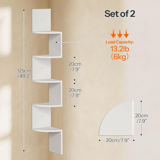 HOOBRO Corner Shelf Wall-Mounted, Set of 2 Floating Corner Shelves for Wall, 5-Tier Corner Bookshelves for Living Room, Bedroom, Bathroom, Home Office, White WT26BJP201