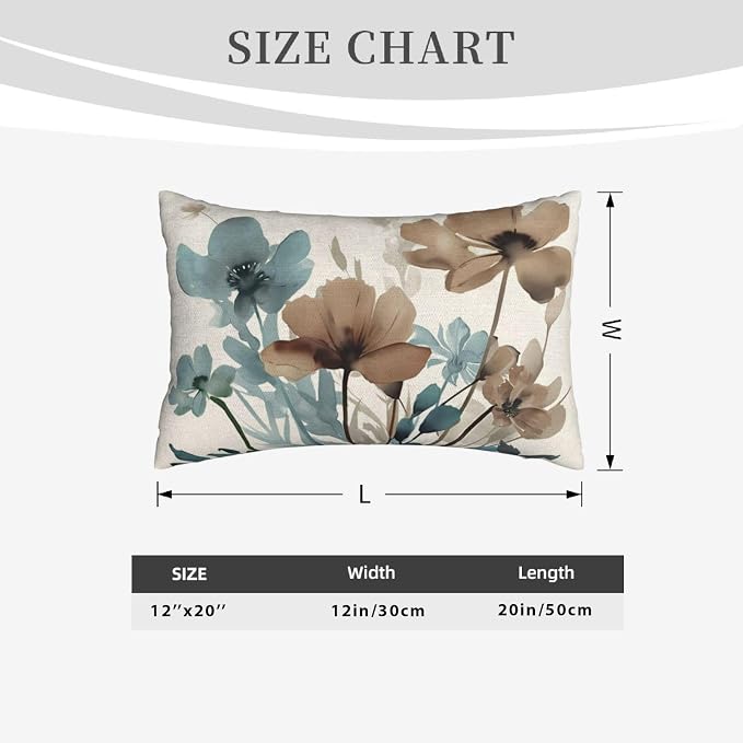 Spring Floral Pillow Covers 12x20 Inches Set of 2 Blue Brown Floral Throw Pillow Covers Outdoor Rustic Summer Flower Decor Pillowcase Farmhouse Decorative Lumbar Cushion Cover for Sofa Couch
