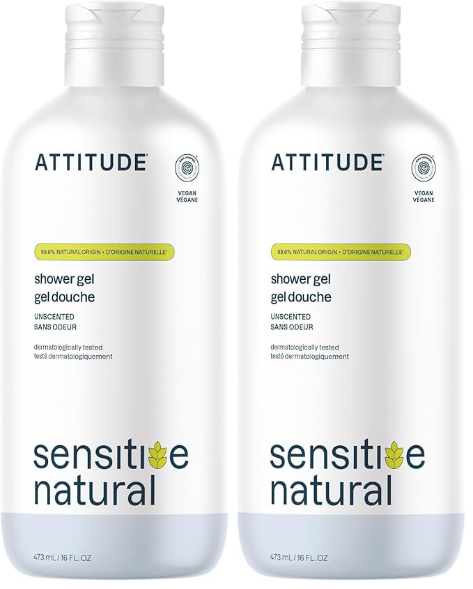 ATTITUDE Body Wash for Sensitive Skin with Oat, EWG Verified, Dermatologically Tested, Vegan, Extra Gentle, Unscented, 16 Fl Oz (Pack of 2)
