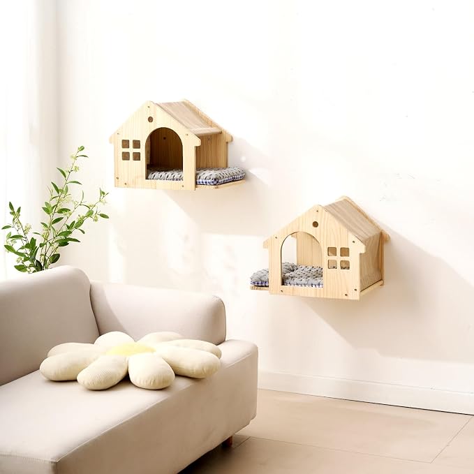 SHENGOCASE Wall Mounted Cat Furniture Set, Natural Wood, 47.2 inch Balcony Perch with Guardrail, 4 Steps, 2 Houses with Cushions