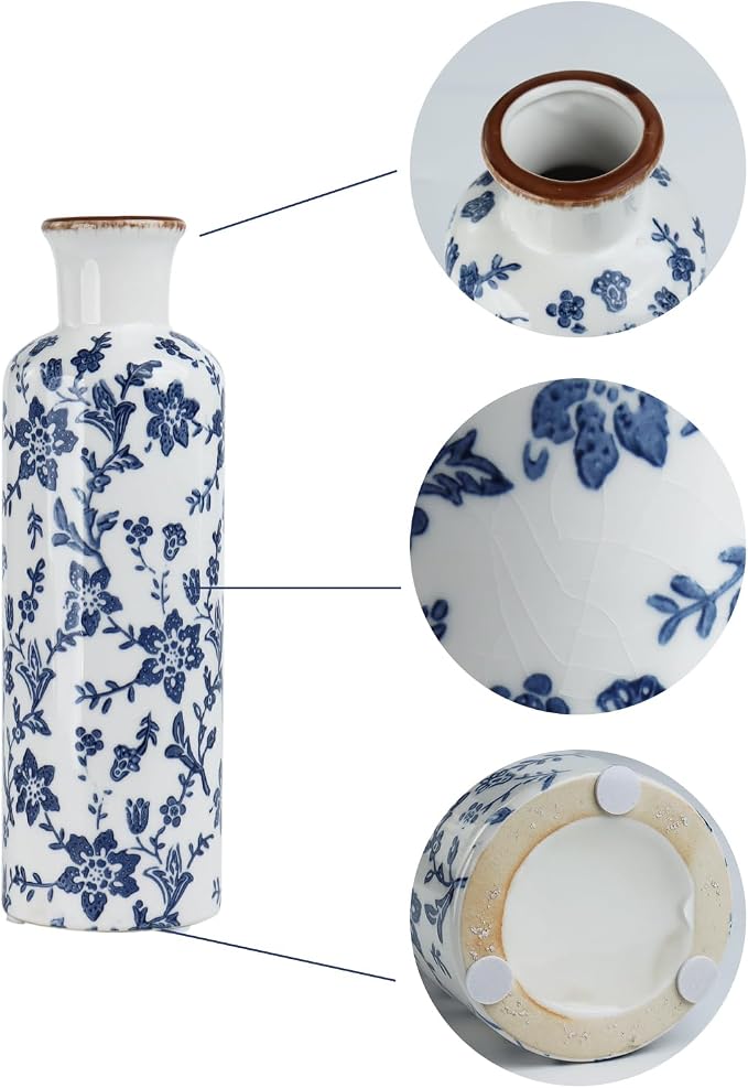 Blue and White Ceramic Vase Set of 3, Vintage Floral Vases for Home Decor | Crackle glaze and distressed rims for living room, mantel and table centerpieces