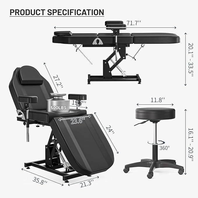 Electric Tattoo Chair Bed with Stool & Adjustable Armrests & Height Facial Chairs for Esthetician for Beauty Spa
