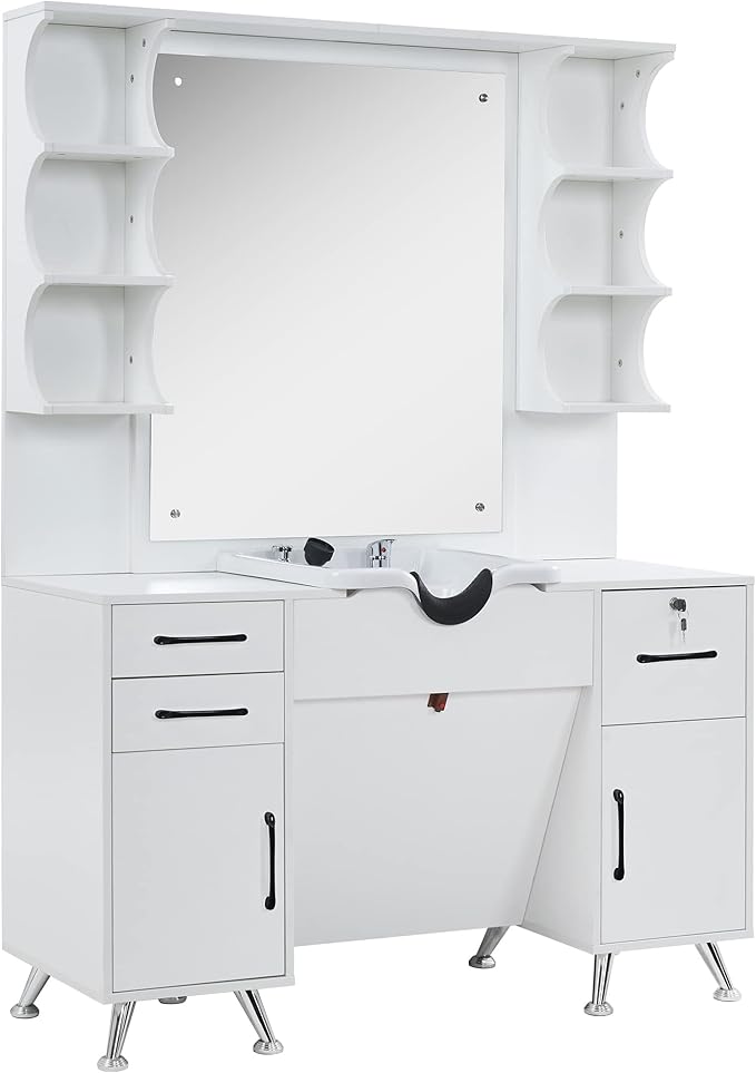 BarberPub Backwash Shampoo Bowl Cabinet, Wall Mount Station with Mirror, Storage Cabinet with Drawers & Shelf Salon Equipment for Barber Salon 3141 (White)