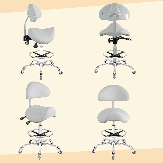 Saddle Stool Chair with Back Support Footrest, Heavy-Duty(350LBS), Hydraulic Rolling Swivel Adjustable Stool Chair for Salon Spa Beauty Massage Dental Clinic Home Office Use(White)