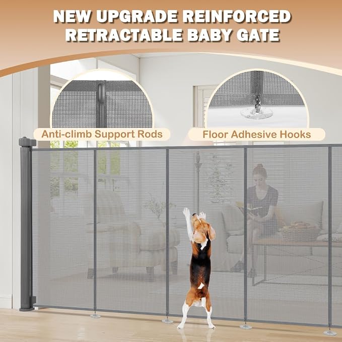 SMONTER Extra Wide Retractable Dog Gates, Mesh Baby Gate with Support Rods Extend to 118" Wide 44" Tall, Portable Safety Retractable Gate for Stairs, Indoor/Outdoor, Gray