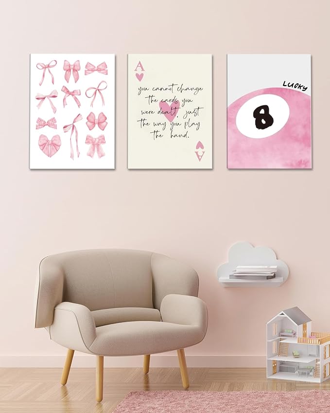 Pink Bow Canvas Wall Art Set of 3 Framed, Preppy Lucky 8 Ball Wall Decor Cute Girly Room Aesthetic Posters Prints Painting for Girls Bedroom College Apartment 12x16 In