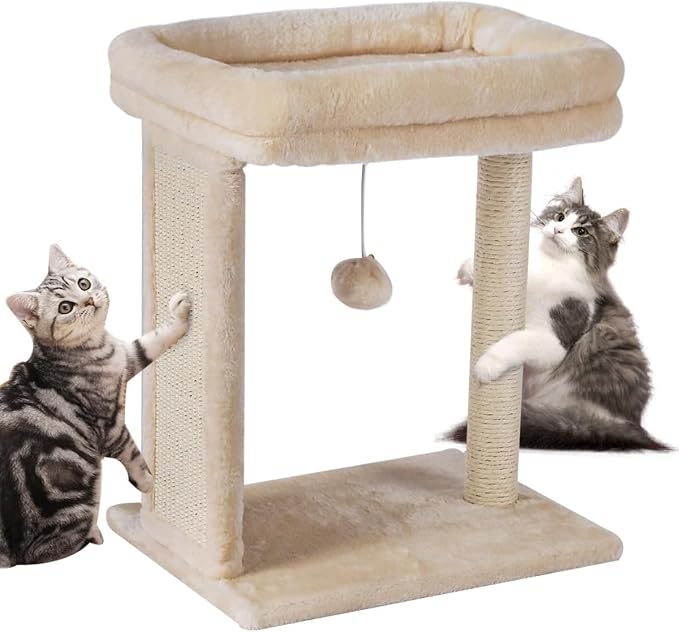 SYANDLVY Small Cat Tree for Indoor Cats, Scratching Board with Perch | Scratching Post for Small Cats, Kittens Scratcher with 2 Dangling Balls, Beige