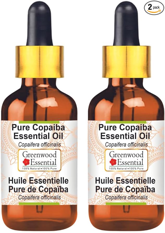 Greenwood Essential Pure Copaiba Essential Oil (Copaifera officinalis) with Glass Dropper Steam Distilled (Pack of Two) 100ml X 2 (6.76 oz)