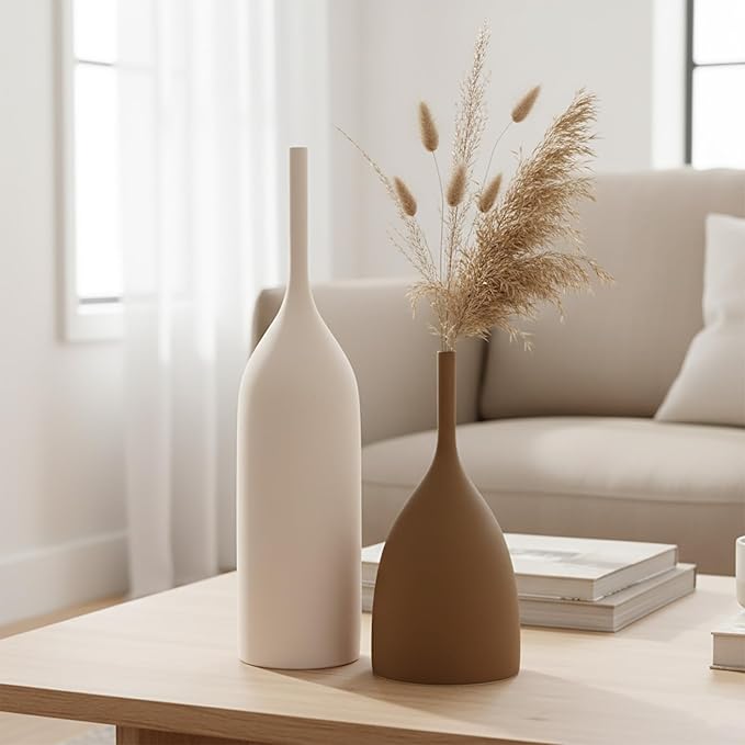 Ceramic Vases Set of 2, Modern Boho Vases for Centerpiece Decor, Matte Minimalist Neutral Vases for Home Decor, Living Room, Bookshelf, and Entryway Table Decor (Multicolor-2)