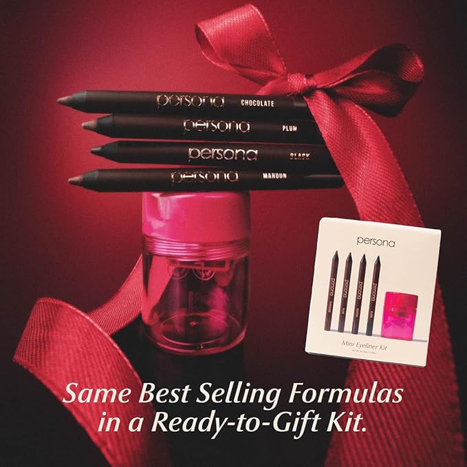 PERSONA Cosmetics Mini Eyeliner Kit + Sharpener | 4 Eyeliner Minis | Chocolate, Black, Plum & Maroon | Creamy, Smudgeable, Long-Wear | Vegan, Cruelty-Free | Giftable Set