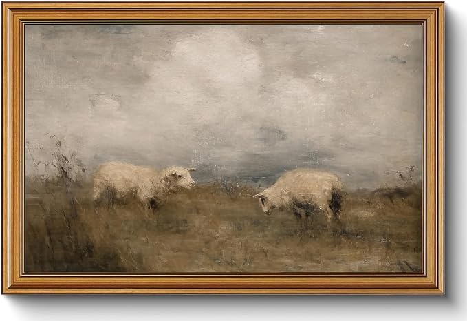ZLPLLHA Gold Framed Wall Art Vintage Wall Decor Sheep Canvas Art Animal Pictures Rustic Landscape Paintings Scenery Artwork Farmhouse Prints For Living Room Bedroom Office
