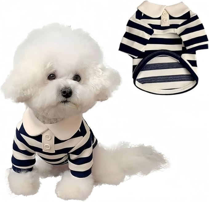 MANON ROSA Boy Dog Polo Shirt for Small Dogs, Dark Blue, S, 3.3-5.5 lb | Cute Puppy Clothes With Classic Stripes, Soft Breathable Pet Apparel For Yorkies, Shih Tzus And Everyday Summer Wear
