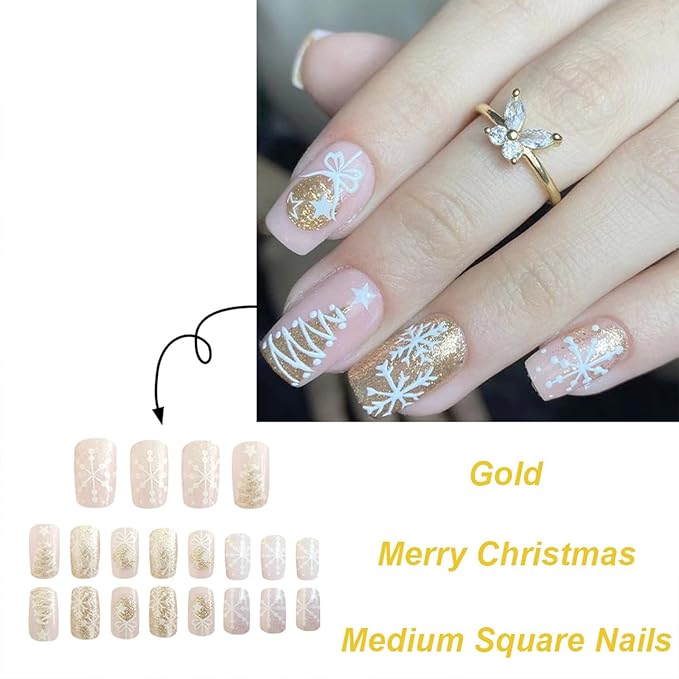 Medium Christmas Press on Nails Gold Glitter White Christmas Tree Snowflake False Nails Glossy Winter Xmas Glue on Nails Square Full Cover Acrylic Fake Nails for Women Girls
