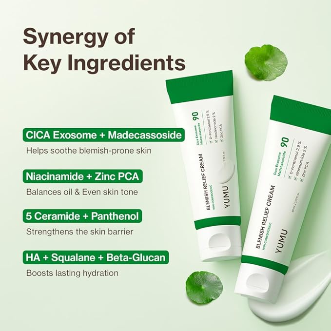 YUMU Cica Exosome Zinc Blemish Relief Cream, Face Moisturizer for Sensitive, Acne-Prone Skin, Lightweight, Breakouts, Barrier Repair, Hydration, Soothing, Oil-Free, Korean Skincare (80 ml/2.70 fl.oz.)