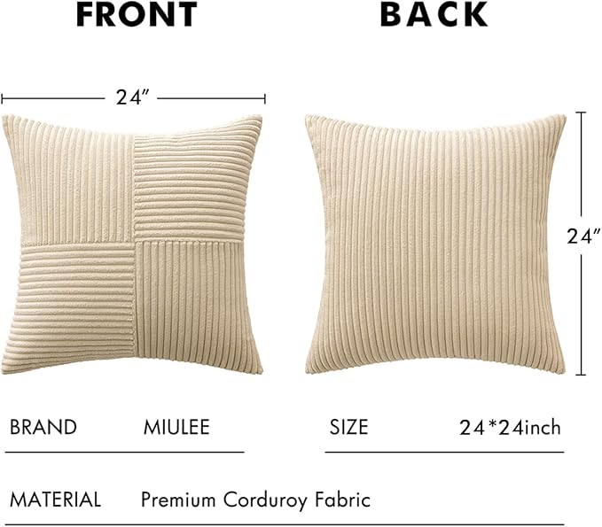 MIULEE Natural Beige Decorative Euro Sham Pillow Covers 24x24 Inch 2 Pack | Neutral Boho Farmhouse Pillow Covers, Soft Cross Corduroy Patchwork Textured Cushion Cases For Couch Bed Sofa