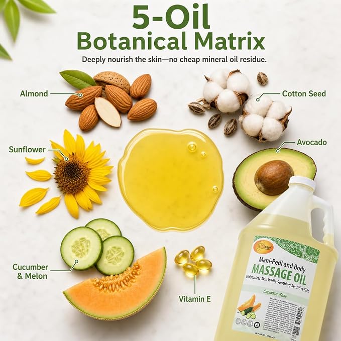 SPA REDI Botanical Massage Oil – 5-Oil Blend for Professional & At-Home Body Massage | Cucumber & Melon, Almond, Avocado, Sunflower & Vitamin E | Cruelty-Free, Sulfate-Free, Silicone-Free | 128 oz