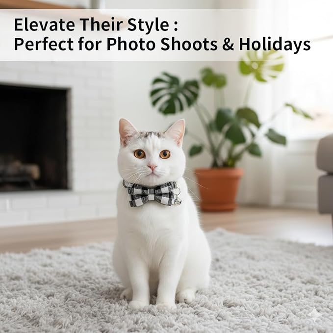 Plaid Breakaway Cat Collar with Bell & Removable Bow Tie – Cotton Kitten Collar with Bells for Boy Cats or Small Dogs. Adjustable Size 8-13.2in (Pink)