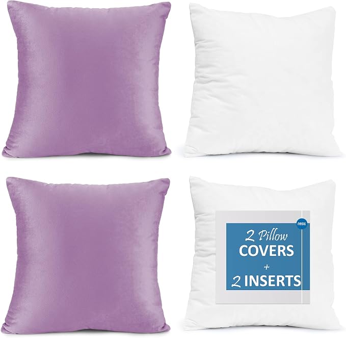 Throw Pillow Inserts Pack of 2 with Velvet Soft Solid Decorative Square Throw Pillow Covers Set for Sofa Couch Car Bedroom, 26X26 Throw Pillows Inserts with 24x24 Washable Cushion Covers, Lavender