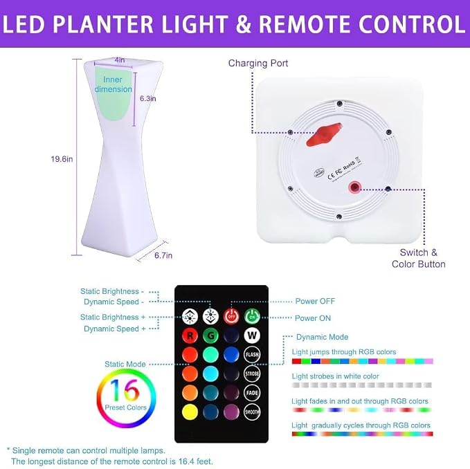20 inch LED Vase Night Light with Remote, 16 Colors Rechargeable Vase | Dimmable RGB LED Lighted Vase, IP65 Waterproof Flower Pot Light, 4 Modes Mood Lamp for Living Room Balcony Yard Wedding Decor