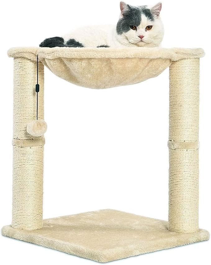 Amazon Basics Cat Tower with Hammock Bed and Scratching Post for Indoor Cats, Easy to Assemble, Interactive Hanging Ball, 15.8" x 15.8" x 19.7", Beige