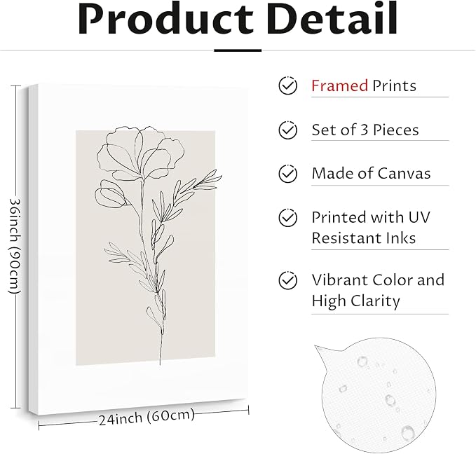 Youillne Neutral Botanical Prints Wall Art Flower Minimalist Canvas Wall Decor Vintage Line Wall Art Floral Plant Painting Pictures Beige Boho Artwork Farmhouse Poster for Bedroom 24x36 Inch Set of 3