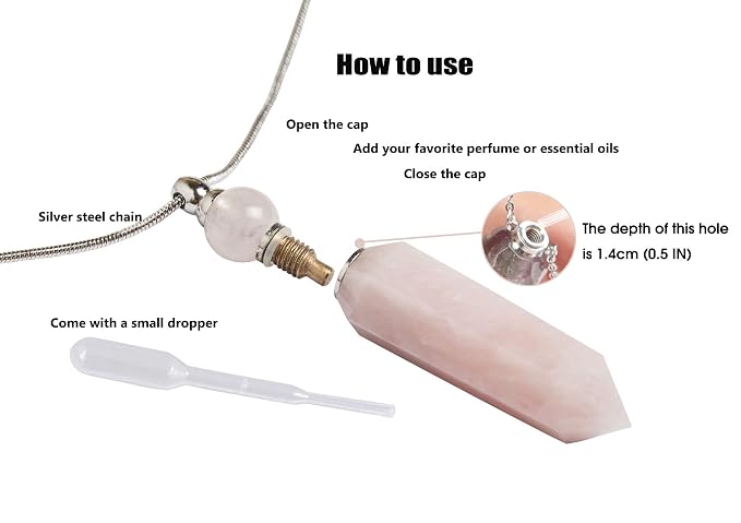 AMOYSTONE 1P Rose Quartz Crystal Perfume Necklace Long Chain Healing Stone Hexagonal Aroma Essential Oil Diffuser Perfume Natural Crystal Bottle Necklace Gifts