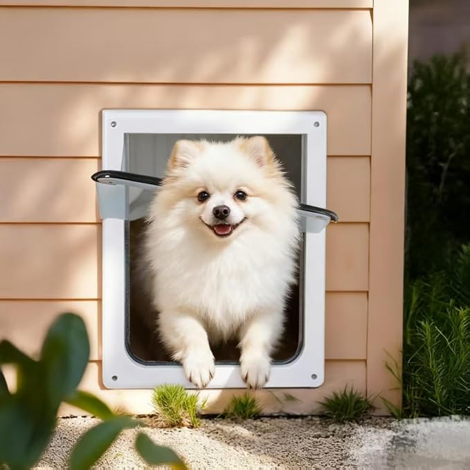 PAWISE 2 Way Dog Door, Lockable Doggy Door with Safe Metal Panel & Flexible Transparent Flap, Weatherproof & Easy Install Pet Door for Dogs and Cats, Quiet Design Dog Flap (9.8"x11.4")