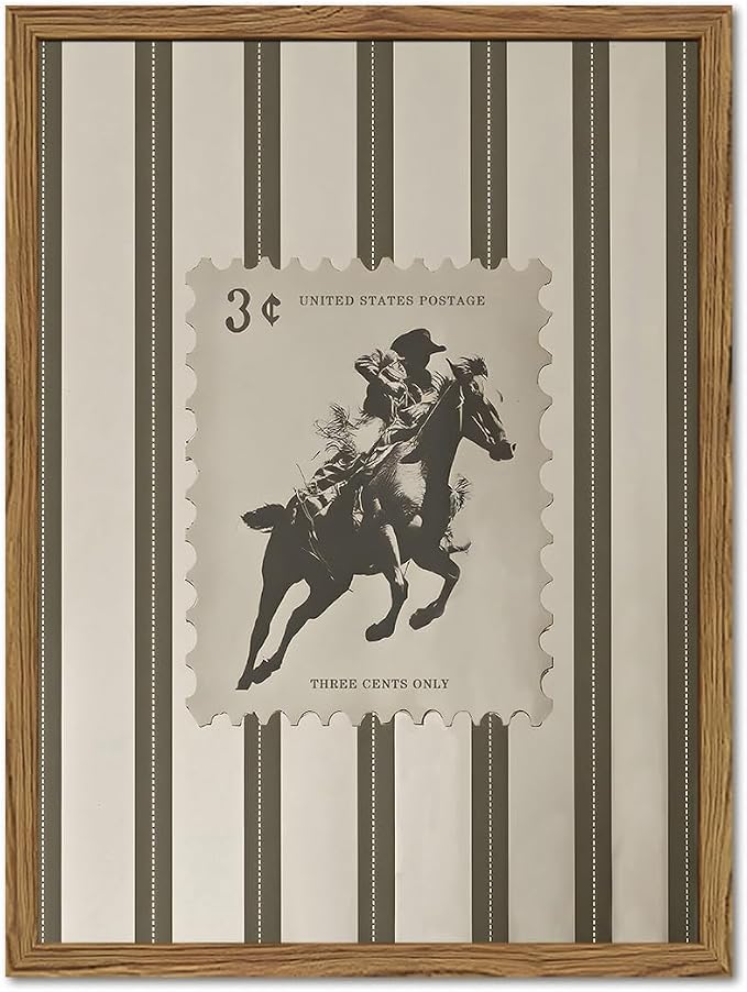 Vintage Western Wall Art Southwest Cowboy Wall Decor Pictures Mid Century Southwestern Striped Cowboy Riding Horse Poster Canvas Prints for Bedroom Living Room 12x16 inch Wood Framed