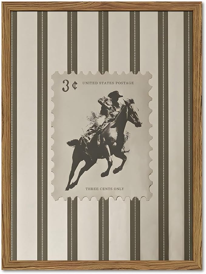Vintage Western Wall Art Southwest Cowboy Wall Decor Pictures Mid Century Southwestern Striped Cowboy Riding Horse Poster Canvas Prints for Bedroom Living Room 24x36 inch Wood Framed