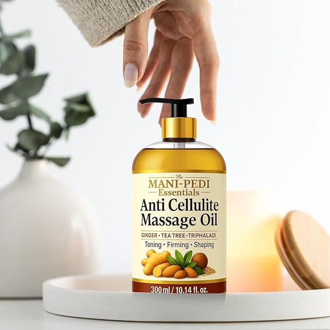 Anti Cellulite Massage Oil with Ginger Oil, Tea-Tree Oil & Natural Herbs for Toning, Firming & Shaping. 100% Natural Ingredients, Non-Sticky Texture - 10 Fl Oz
