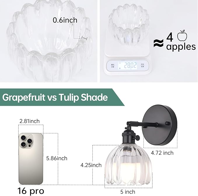Shenmoyl Vintage Battery Operated Wall Sconce with Transparent Tulip Glass Lampshade Rechargeable Battery Powered Black Wall Light with Remote Control for Bedside Bedroom Doorway