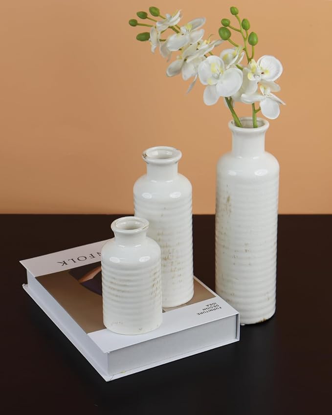 White Ribbed Ceramic Vase Set of 3, Clay Bottle Vases for Home Decor | Crackle glaze finish for rustic farmhouse tables, shelves, mantels and centerpieces