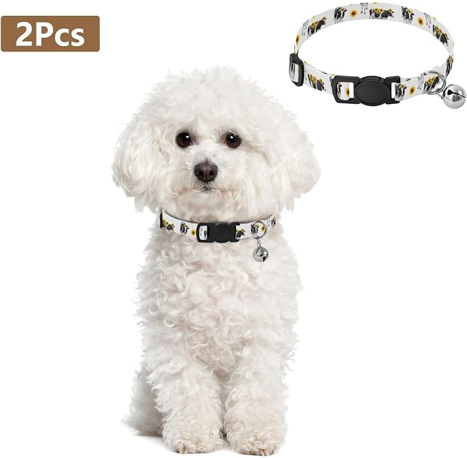 Black White Cows Yellow Sunflowers Bell Collar for Small Dogs 2 Pack Cat Collars Adjustable Length 10.6" to 17.1"