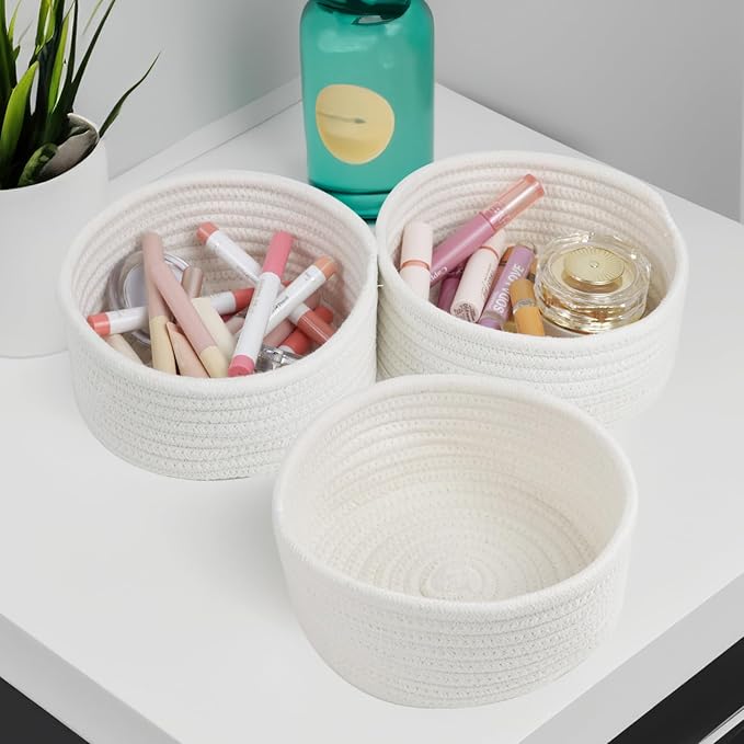 3 Pack Small Woven Cotton Rope Baskets for Organizing, White | Cute Mini Round Basket, Small Storage Baskets for Gift Empty, Decorative Boho Toy Baskets Bins for Nursery, Bathroom, Decor