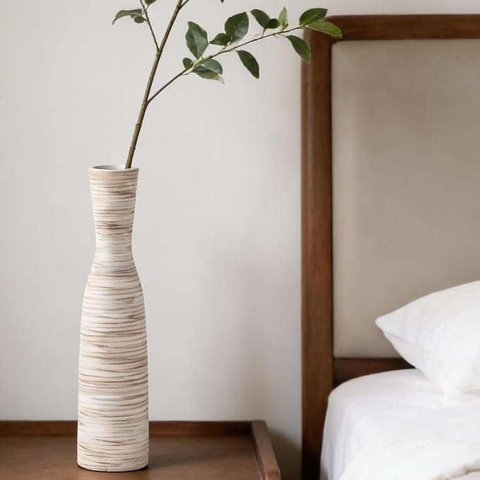 ALMA Tall Skinny Floor Vase, 20" White & Brown Modern Vases for Flower | Thin Decorative Vases, Seasonal Home Refresh, Fits Living Room, Entryway, Fireplace, Home Decor, Weddings and New Home gifts