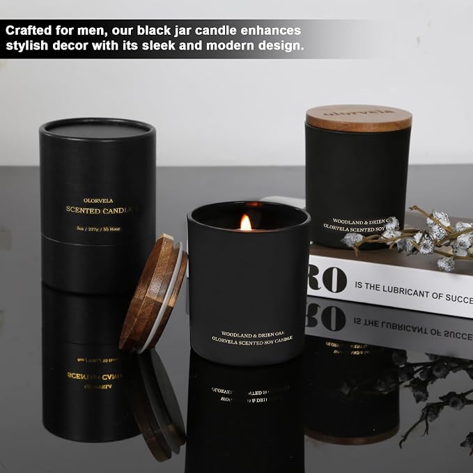 Scented Candles for Men, 8oz Candle for Home Scented, 50-Hour Burn Time Long-Lasting Aroma, Aromatherapy Gifts for Men (Summer Hill & Amber Wood, Wood Wicked)