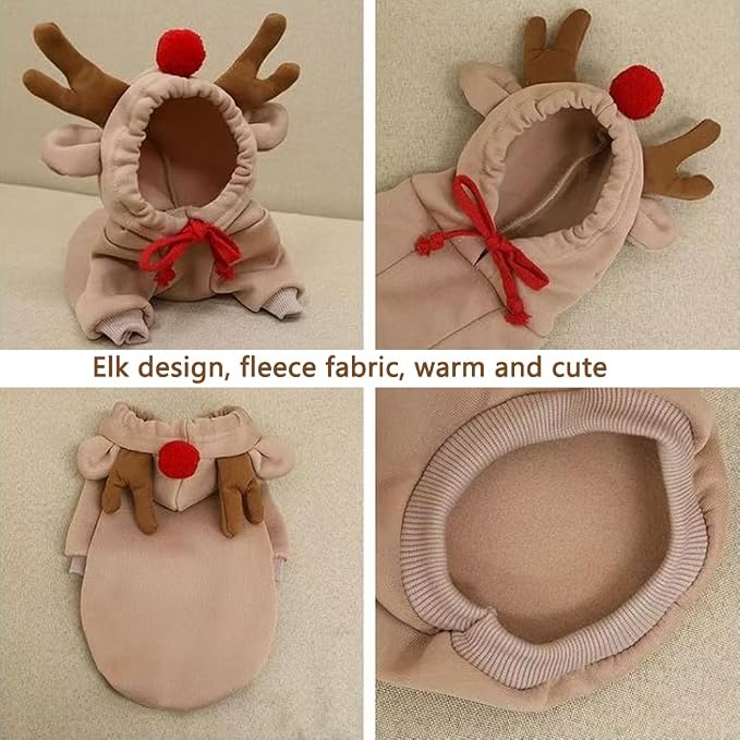 Fleece Lined Reindeer Design Dog Hoodie Costume, XL | Autumn Winter Cute Pet Clothing & Christmas Party Costume For 2-25 Lbs Dog Cat French Bulldog Chihuahua Pug Poodle Dachshund