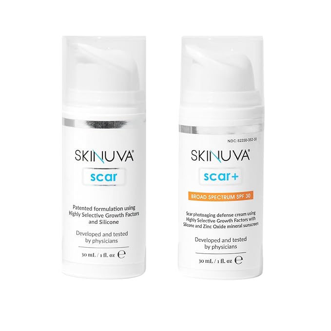 Skinuva® 24 Hour Care Kit: Next Generation Scar (1 oz) & Next Generation Scar+ SPF 30 (1 oz) - Advanced Silicone Cream Matrix Formulated with Growth Factors & Helps Reduce the Appearance of Scars