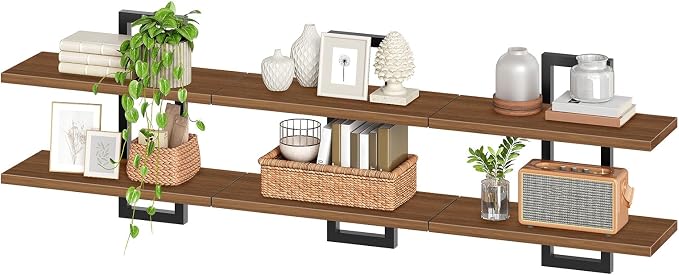 HOOBRO Floating Shelves, 15 Inch Wall Shelf Set of 3, Wall Mounted Storage Shelves 2-Tier, Hanging Bathroom Shelves, for Living Room, Bedroom, Bathroom, Kitchen, Walnut and Black BH32BJP301