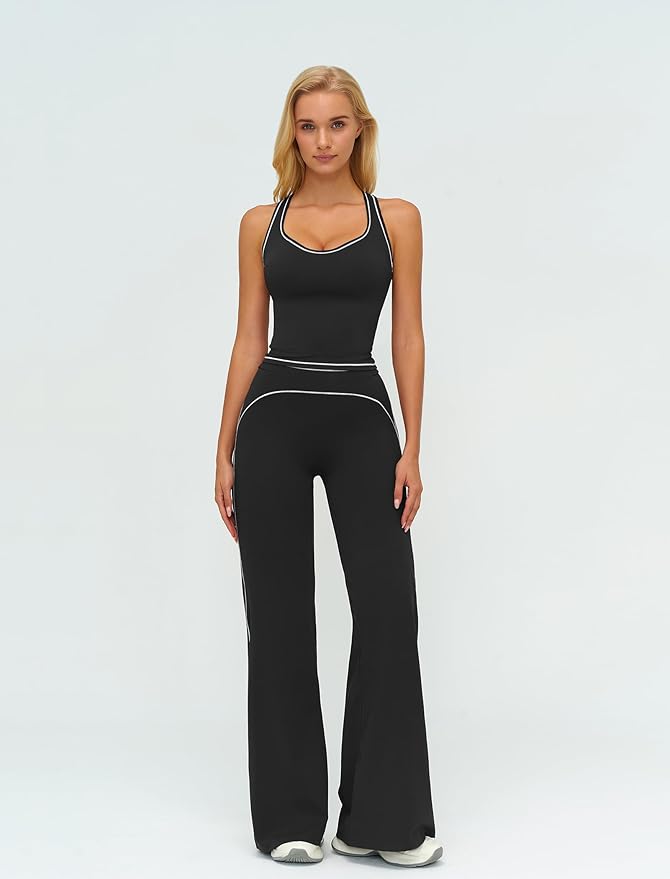 ABOCIW Two Piece Workout Sets for Women Racerback Tank Top Matching High Waist Wide Leg Yoga Pants Pilates Outfits