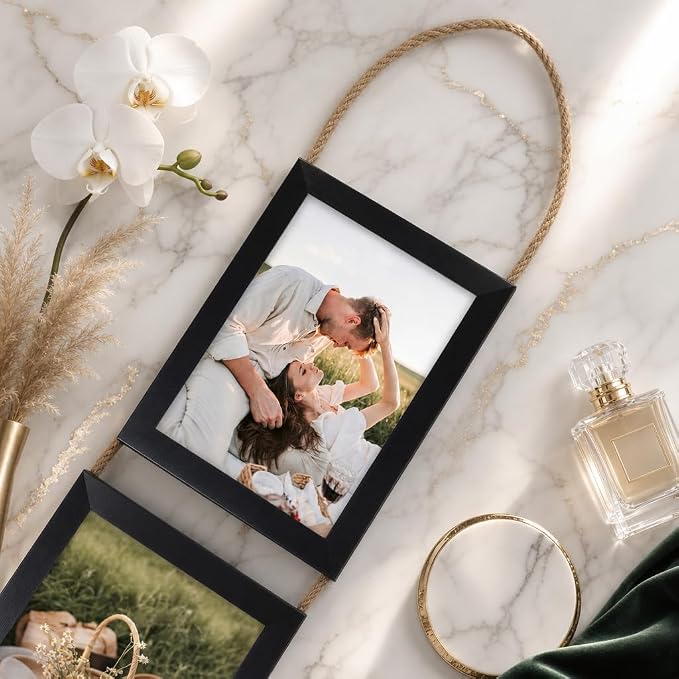 QUTREY 5x7 Collage Picture Frames Black, 6 Openings Vertical Hanging Photo Frame Set Display 5 by 7 inch Pictures for Wall Decor, 2 Pack