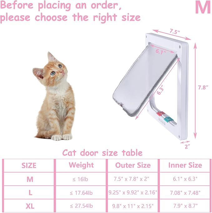 goTeamghjkl Cat Door Flap (Outer Size 7.5" x 7.8"), 4 Way Locking Medium Cat Door for Interior Exterior Doors, Weatherproof Pet Door for Cats Doggie Kitty and Kittens with Circumference < 15.75"