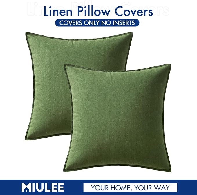 MIULEE Euro Shams Decorative Linen Pillow Covers 24x24 Inch Moss Green | Pack of 2, Boho Farmhouse Modern Soft Accent Throw Pillows, Neutral Cushion Covers, Home Decor for Bed Sofa Couch Living Room